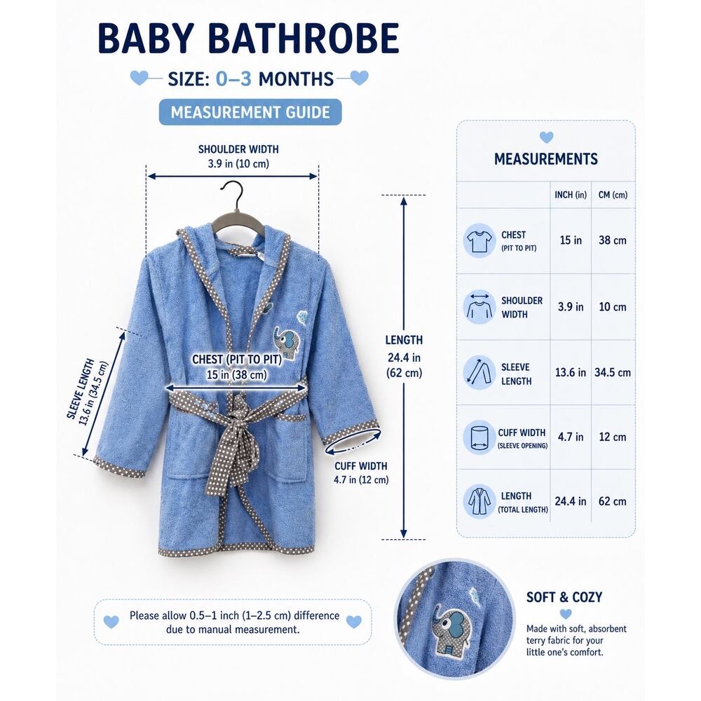 Baby Bathrobe 0-3 Months Blue Hooded Turkish Cotton Robe Elephant Embroidery - Picture 2 of 10